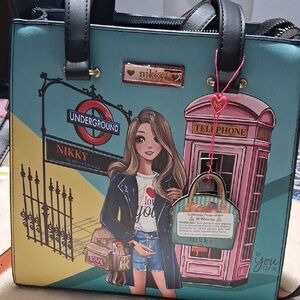 Stylish Black and Green Shoulder Bag with London Icons